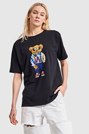 Kadın Siyah Renk Parlak Taşlı İşlemeli Ayıcıklı Oversize T-shirt