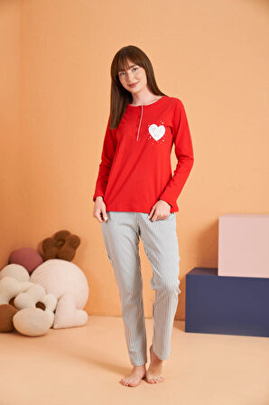 Pjs 28062 Kadın Patlı Pijama Takım - Kırmızı - 42