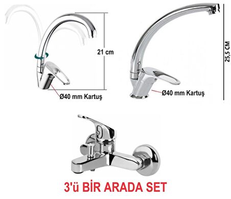 RUBINETTI 3 ADET KROM BATARYA SETİ, EVYE, LAVABO BANYO 