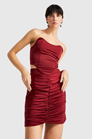 Kadın Bordo Renk İçi Astarlı Esnek Kumaş Büzgülü Mini Etek