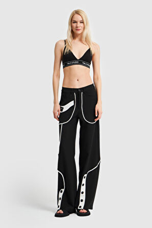 Kadın Siyah Beyaz Renk Parçalı Paça Detaylı Tasarım Bol Pantolon