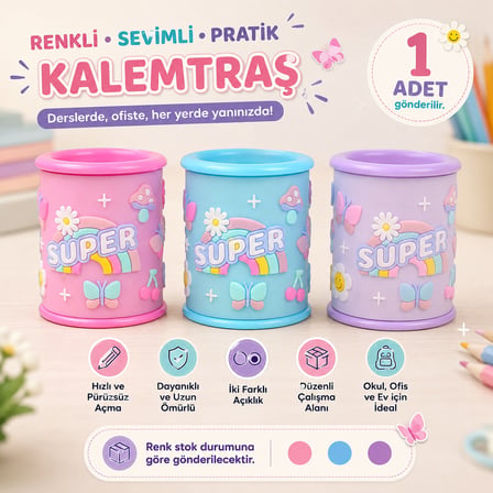 BakGelAl Super Desenli Çift Delikli Hazneli Kalemtraş – Renkli Çocuk Kalem Açacağı Okul Ofis Kırtasiye Ürünü 1 Adet