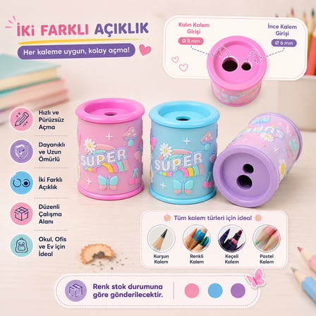 BakGelAl Super Desenli Çift Delikli Hazneli Kalemtraş – Renkli Çocuk Kalem Açacağı Okul Ofis Kırtasiye Ürünü 1 Adet