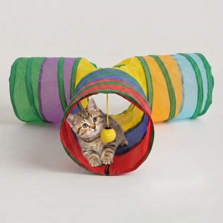 T-Model Kedi Oyun Tüneli 3 Yollu Katlanabilir Pencereli Ponpon Oyuncaklı Kedi Tüneli 80x50 cm
