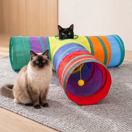 T-Model Kedi Oyun Tüneli 3 Yollu Katlanabilir Pencereli Ponpon Oyuncaklı Kedi Tüneli 80x50 cm