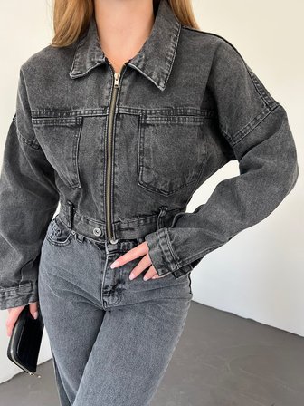 Fermuarlı Çift Cepli Denim Ceket - KOYU ANTRASİT - L