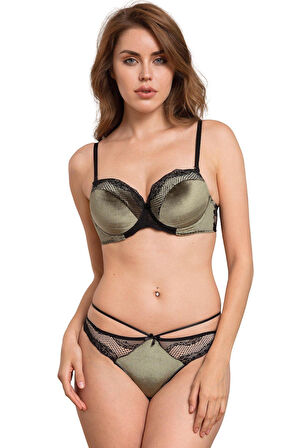 Kadife Balenli Destekli Dolgulu Askıları Çıkabilen Dantelli Sütyen Ve String Takım - Haki - 85B