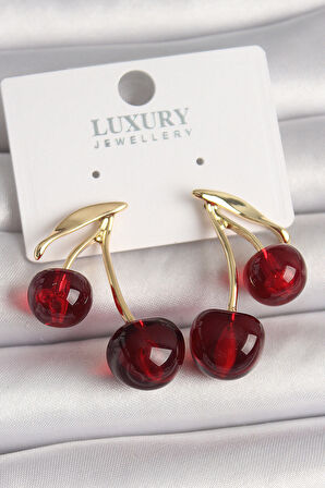 Pirinç Gold Renk Kırmızı Kiraz Model Kadın Küpe