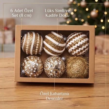 Premium 6'lı Yılbaşı Ağaç Süsleme Seti - 8 cm Yılbaşı Topu Aksesuarı 