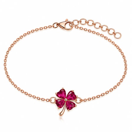 💎 Premium Parlak ve Şık Rose Gold Renk Koyu Pembe Taşlı Yonca Kadın 925 Ayar Gümüş Bileklik (21 cm)