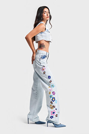 Kadın Snow Kot Rengi Çiçek Nakışlı Loose Fit Tasarım Denim