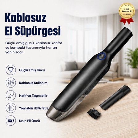 Rooty 12.000Pa Güçlü Vakum 80W Portatif Taşınabilir Şarjlı Mini Araç Ev Süpürgesi 2 Kademeli Yıkanabilir Filtreli Islak Kuru Zemine Uygun