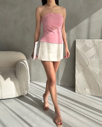 Straplez Beli Toka Detaylı Crep Bluz - PUDRA - M