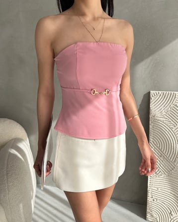 Straplez Beli Toka Detaylı Crep Bluz - PUDRA - M