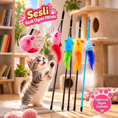 BakGelAl Sesli Peluş Fareli Kedi Oyun Oltası – Tüylü Kuyruklu İnteraktif Kedi Oyunca