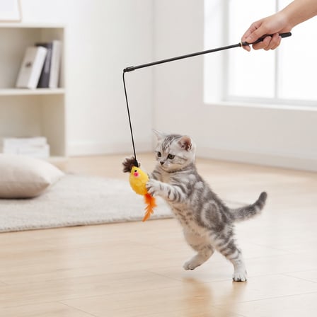 BakGelAl Sesli Peluş Fareli Kedi Oyun Oltası – Tüylü Kuyruklu İnteraktif Kedi Oyunca