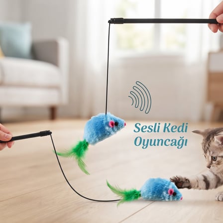 BakGelAl Sesli Peluş Fareli Kedi Oyun Oltası – Tüylü Kuyruklu İnteraktif Kedi Oyunca