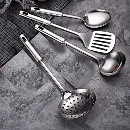 BUFFER® 4lü Çelik Kepçe,Süzgeç,Servis Kaşığı,Spatula Mutfak Yemek Hazırlama Servis Seti