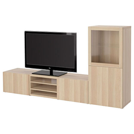 Tv ünitesi, ağartılmış meşe görünümlü-beyaz meşe görünümlü-şeffaf cam, 240x42x129 cm, LAPPVIKEN/SINDVIK, fren raylı
