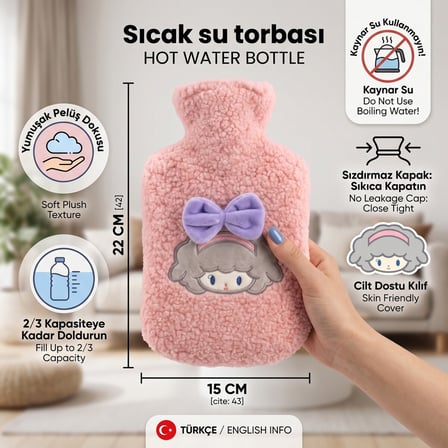 BakGelAl Peluş Sıcak Su Torbası – Pembe Geyik Desenli Yumuşak Dokulu Isı Torbası (Kçük)