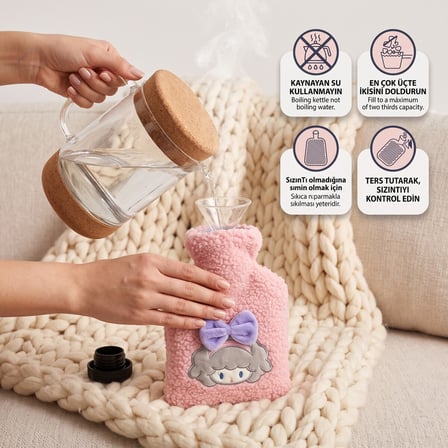 BakGelAl Peluş Sıcak Su Torbası – Pembe Geyik Desenli Yumuşak Dokulu Isı Torbası (Kçük)