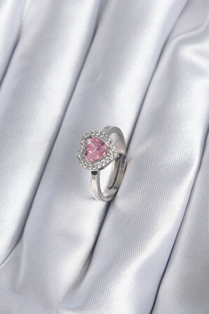 Pirinç Gümüş Renk Pembe Zirkon Taşlı Charm Model Kadın Yüzük - Lisinya