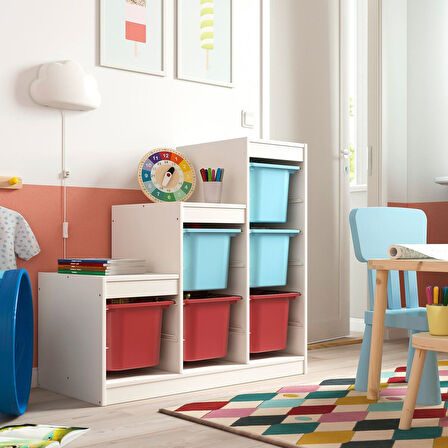 Saklama ünitesi, beyaz-açık mavi-kırmızı, 99x44x94 cm