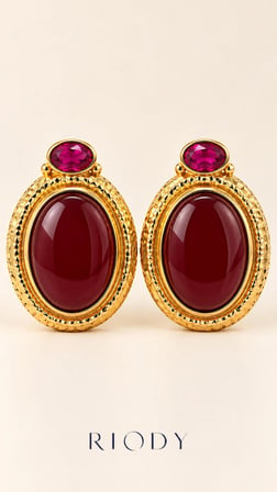 RiODY Rubis Velours Gold Renkli Bordo Fuşya Oval Taş Görünümlü Çelik Kadın Küpe