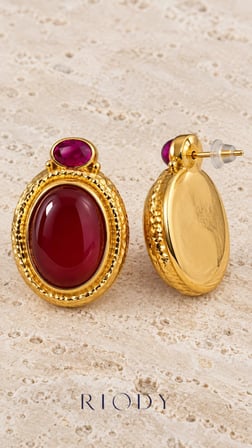 RiODY Rubis Velours Gold Renkli Bordo Fuşya Oval Taş Görünümlü Çelik Kadın Küpe