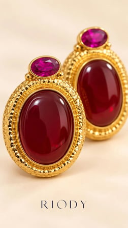 RiODY Rubis Velours Gold Renkli Bordo Fuşya Oval Taş Görünümlü Çelik Kadın Küpe