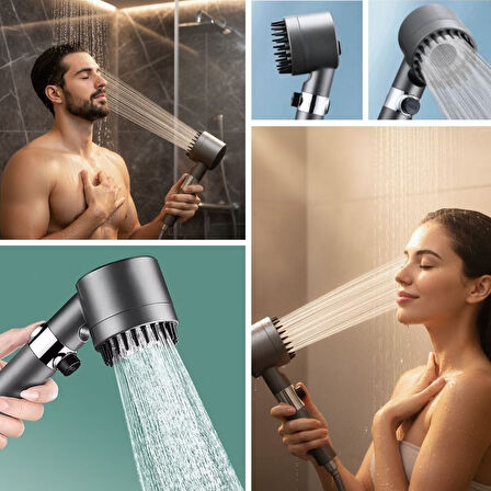 3 Kademeli Turbo Basınçlı Masaj Başlıklı Silikon Fırçalı Duş Başlığı – Yüksek Basınçlı Su Tasarruflu Duş Başlığı