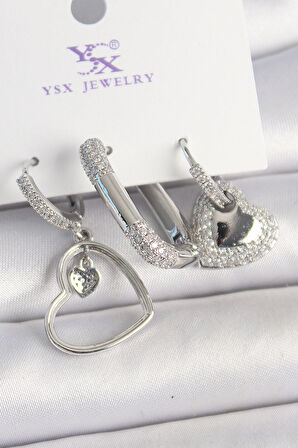 Pirinç Gümüş Renk Sallantı Zirkon Taşlı Kalp Model 3'Lü Kadın Kombin Küpe