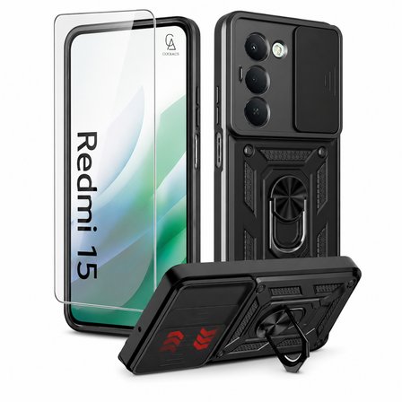 Xiaomi Redmi 15 4G Uyumlu Kamera Sürgülü Tank Kılıf ve Temperli Cam Ekran Koruyucu Set
