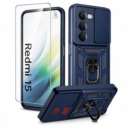 Xiaomi Redmi 15 4G Uyumlu Kamera Sürgülü Tank Kılıf ve Temperli Cam Ekran Koruyucu Set