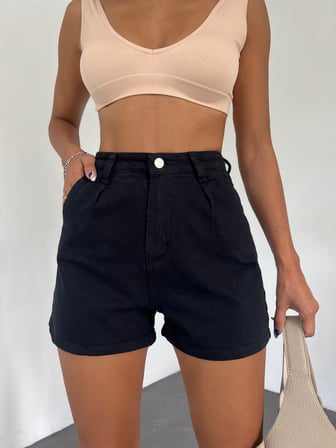Çift Cepli Pileli Mini Denim Şort - SİYAH - 36