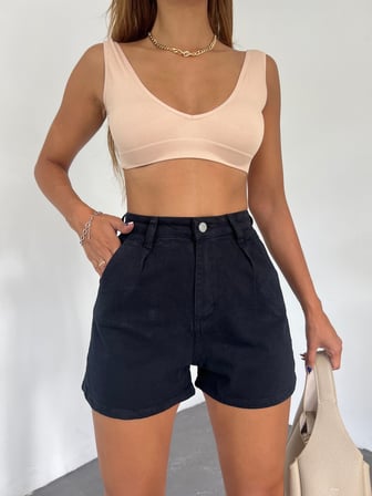 Çift Cepli Pileli Mini Denim Şort - SİYAH - 36