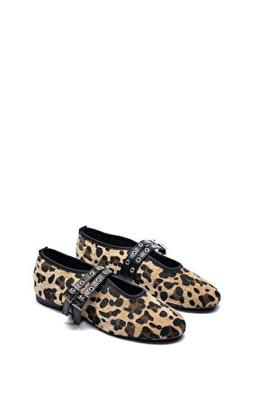 Kadın Tokalı Leopar Desen Yuvarlak Burun Babet 9035