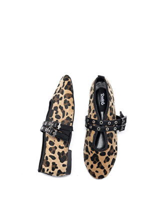 Kadın Tokalı Leopar Desen Yuvarlak Burun Babet 9035