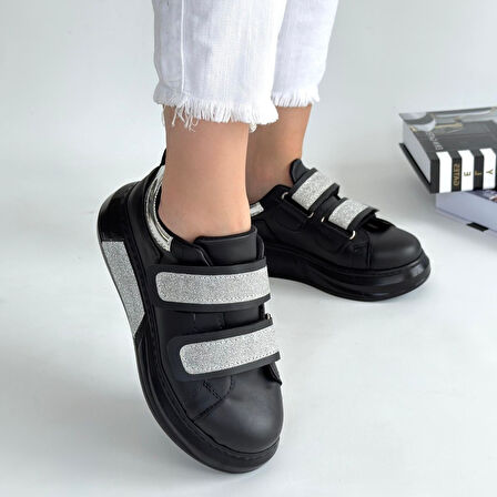 Nino Siyah Cilt Simli Cırt Cırtlı Spor Ayakkabı