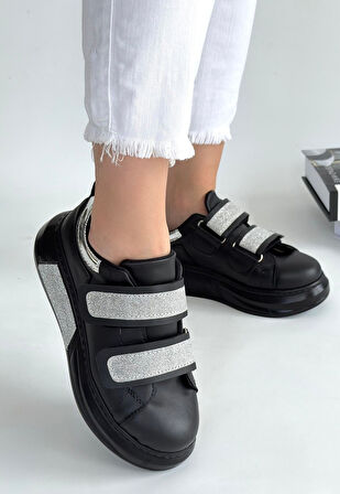 Nino Siyah Cilt Simli Cırt Cırtlı Spor Ayakkabı