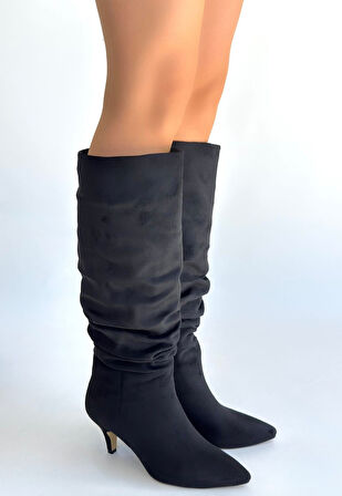 Zelya Siyah Süet Topuklu Çizme