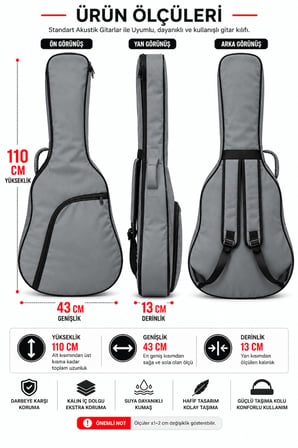 Yankı AGC-42GR Gri Akustik Gitar Kılıfı Kalın Pedli Suya Dayanıklı Softcase