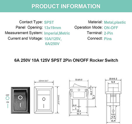 KCD1-101 Işıksız SPST 2Pin On-Off Mini Aç Kapa Anahtar Kırmızı 250V/6A - 200 Adet