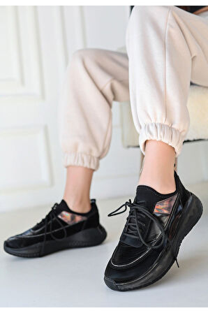 Nadio Siyah Rugan Siyah Tabanlı Bağcıklı Spor Ayakkabı