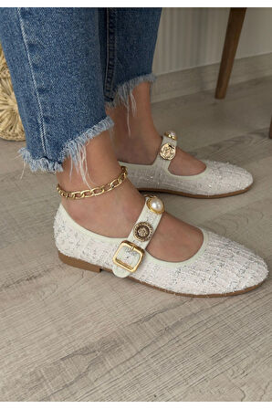 Hante Beyaz Keten Taşlı Babet Ayakkabı