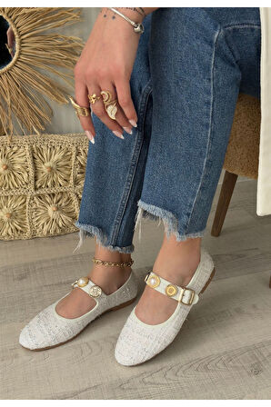 Hante Beyaz Keten Taşlı Babet Ayakkabı