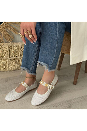 Hante Beyaz Keten Taşlı Babet Ayakkabı