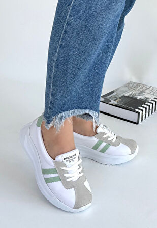 Shat Beyaz  Cilt Yeşil Şeritli Spor Ayakkabı