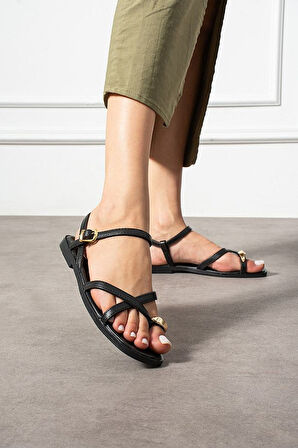 Nordi Siyah Cilt Kemerli Sandalet