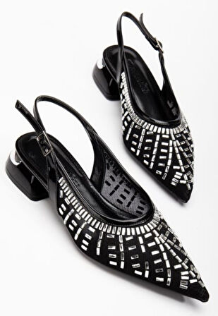 Piyar Siyah Taşlı Topuklu Ayakkabı